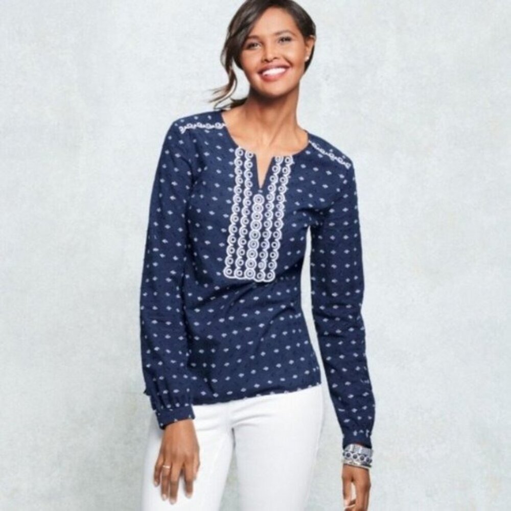 Talbots Embroidered Long Sleeve Tunic Top in Navy Blue